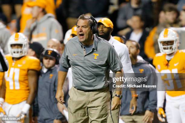 Interim head coach Brady Hoke of the Tennessee Volunteers yells at a referee against the LSU Tigers at Neyland Stadium on November 18, 2017 in...