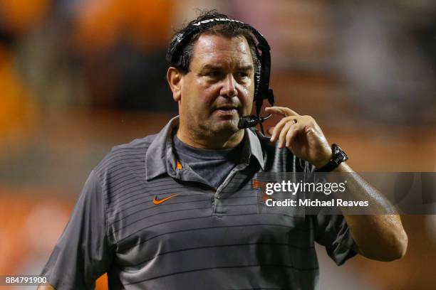 Interim head coach Brady Hoke of the Tennessee Volunteers looks on against the LSU Tigers at Neyland Stadium on November 18, 2017 in Knoxville,...