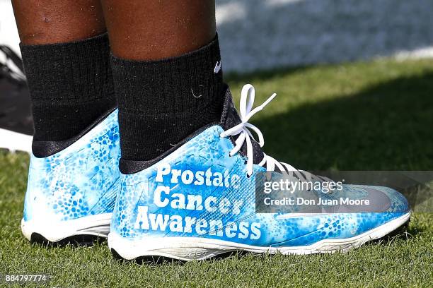 General view of the cleats worn by Tackle Cam Robinson of the Jacksonville Jaguars in support of Prostate Cancer Awareness before the game against...