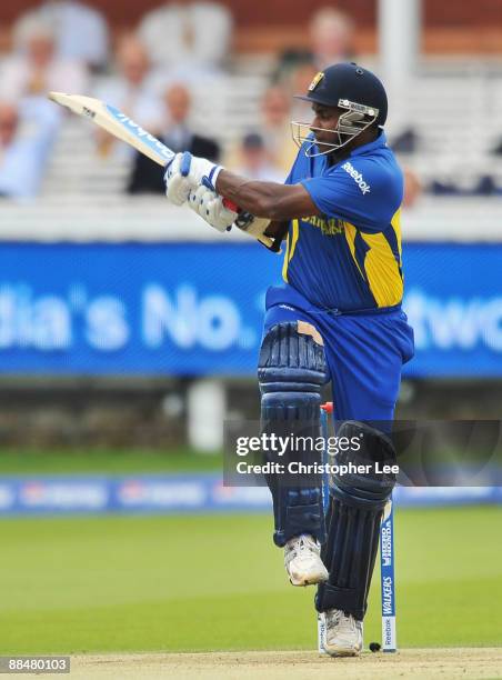 Sanath Jayasuriya of Sri Lanka hits out during the ICC World Twenty20 Super Eights match between Ireland and Sri Lanka at Lord's on June 14, 2009 in...