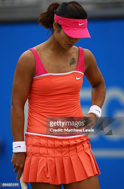 Na Li of China in looks on during her match against Magdalena Rybarikova of Slovakia during day Seven of the AEGON Classic at the Edgbaston Priory...