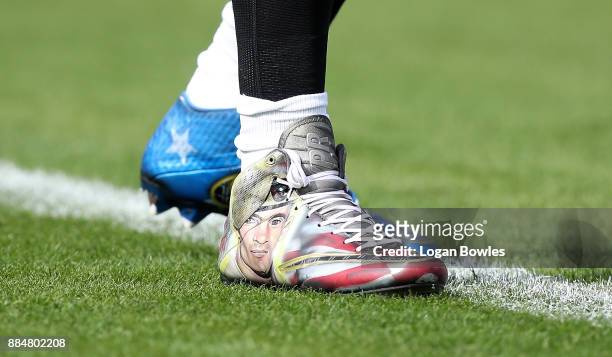 Detail shot of the cleats worn by Paul Posluszny of the Jacksonville Jaguars as he warms up on the field prior to the start of their game against the...