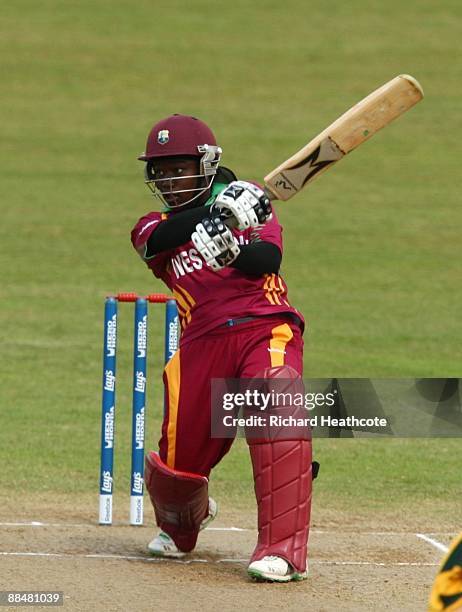 Deandra Dottin of the West Indies hits out during the ICC Women's Twenty20 World Cup match between West Indies and Australia at The County Ground on...