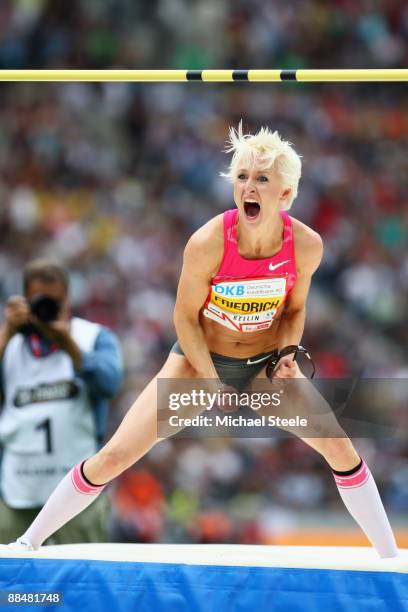 Ariane Friedrich of Germany celebrates clearing 2.06 and setting a new German record during the women's high jump during the DKB-ISTAF Iaaf Golden...