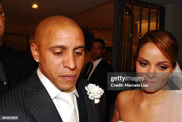 Newlyweds Roberto Carlos and Mariana Lucon at their wedding party at Daslu on June 13, 2009 in Sao Paulo, Brazil.