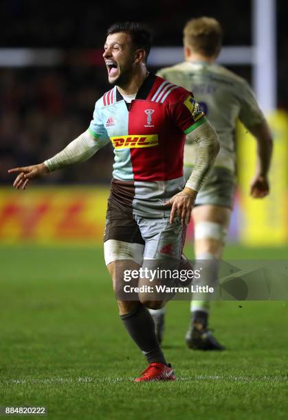 Danny Care of Harlequins celebrates winning the Aviva Premiership match between Harlequins and Saracens at Twickenham Stoop on December 3, 2017 in...