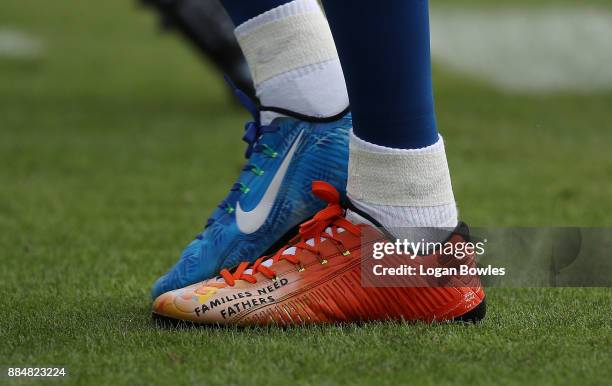 Detail shot of the cleats worn by T.Y. Hilton of the Indianapolis Colts as he warms up on the field prior to the start of their game against the...