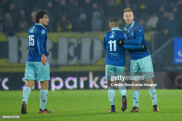 Mike van Duinen of Excelsior celebrates 2-1 with Jurgen Mattheij of Excelsior, Stanley Elbers of Excelsior during the Dutch Eredivisie match between...