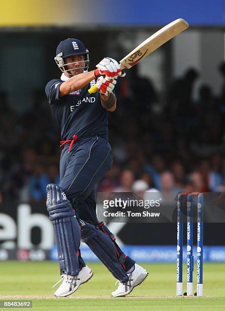Owais Shah of England hits out during the ICC World Twenty20 Super Eights match between England and India at Lord's on June 14, 2009 in London,...
