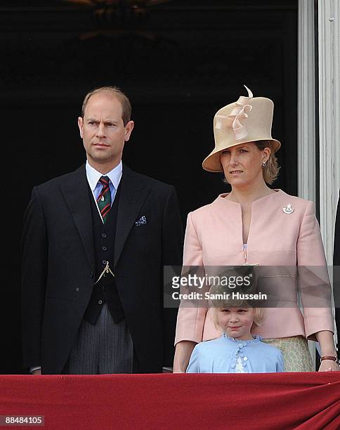 Prince Edward, Earl of Wessex, Sophie, Countess of Wessex and their daughter Lady Lousie Windsor look on from the balcony during Trooping The Colour...