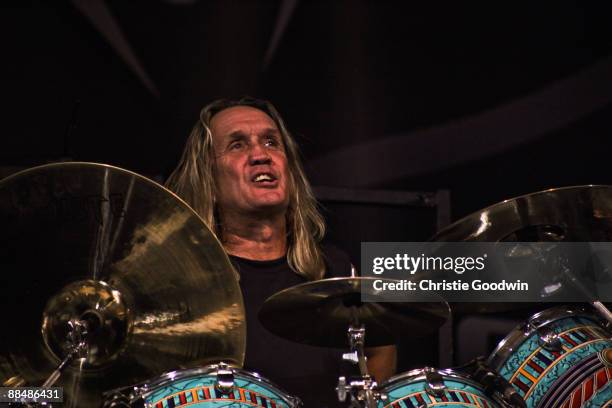 Nicko McBrain of Iron Maiden performs on stage on day 4 of the International Music Show at ExCel on June 14, 2009 in London, England.