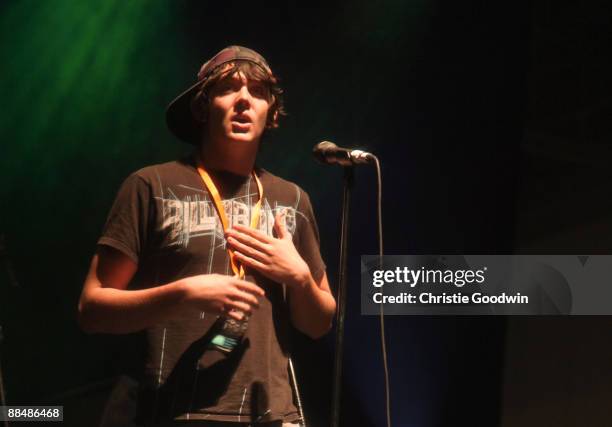 Justin McBrain , son of Iron Maiden's Nicko McBrain, introduces his father on day 4 of the International Music Show at ExCel on June 14, 2009 in...