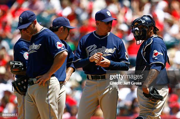 Kevin Kouzmanoff, Adrian Gonzalez, manager Bud Black and Henry Blanco of the San Diego Padres wait for pitcher Greg Burke (not to enter the game in...