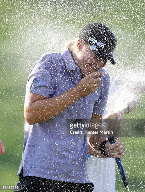 Anna Nordqvist of Sweden is sprayed with champagne after winning the McDonald's LPGA Championship at Bulle Rock Golf Course on June 14, 2009 in Havre...