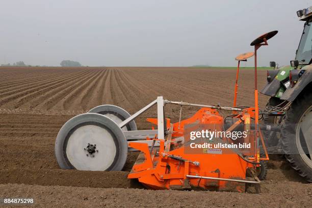 Landwirt beim anhäufeln im Kartoffelfeld - gesehen in der Gemarkung Wätzum Gemeinde Algermissen Landkreis Hildesheim