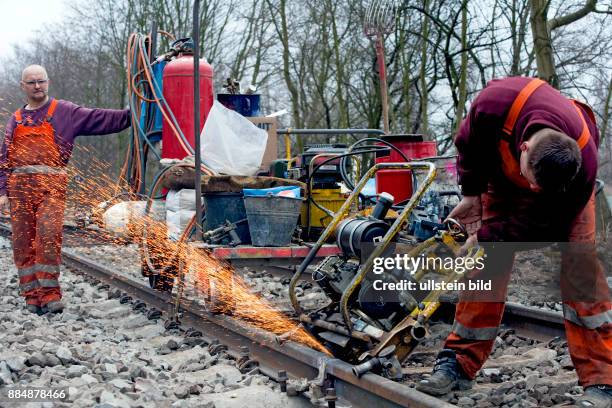 Deutschland Berlin Reinickendorf - Im Rahmen der Grundsanierung der S-Bahngleise zwischen Schoenholz und Tegel verlegen Gleisbauer die neuen Gleise...