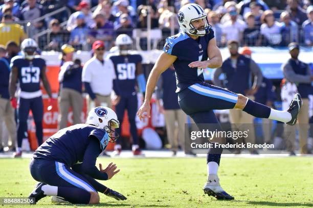 Ryan Succop of the Tennessee Titans watches a missed field goal against the Houston Texans during the first half at Nissan Stadium on December 3,...