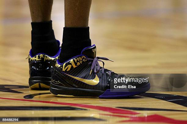 Detail shot of the shoes of Kobe Bryant of the Los Angeles Lakers in the second half against the Orlando Magic in Game Five of the 2009 NBA Finals on...