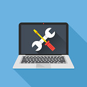 Laptop with wrench and screwdriver on screen. Computer repair service, maintenance, technical support. Flat design. Vector illustration