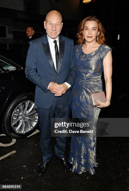 Patrick Stewart and Sunny Ozell arrive in an Audi at the Evening Standard Theatre Awards at Theatre Royal on December 3, 2017 in London, England.