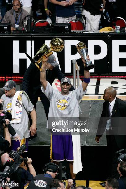 Kobe Bryant of the Los Angeles Lakers celebrates winning the 2009 NBA Finals against the Orlando Magic during Game Five of the 2009 NBA Finals at...