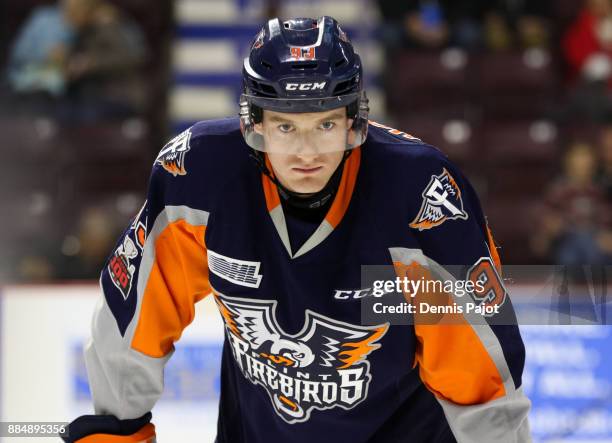 Forward Hunter Holmes of the Flint Firebirds skates against the Windsor Spitfires on December 3, 2017 at the WFCU Centre in Windsor, Ontario, Canada.