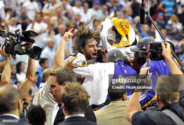 Pau Gasol of the Los Angeles Lakers celebrates winning the 2009 NBA Finals against the Orlando Magic during Game Five of the 2009 NBA Finals at Amway...