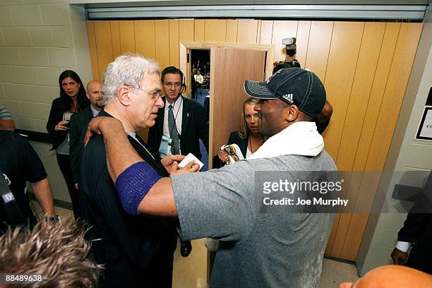 Coach Phil Jackson and player Kobe Bryant of the Los Angeles Lakers celebrate winning the 2009 NBA Finals against the Orlando Magic after Game Five...