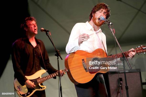 Musicians Will Sheff and Patrick Pestorius of Okkervil River perform during the 2009 Bonnaroo Music and Arts Festival on June 14, 2009 in Manchester,...