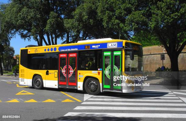 Bus-Nahverkehr in Lucca, die Blu-Linie mit klarem Design in Signal-Farben.