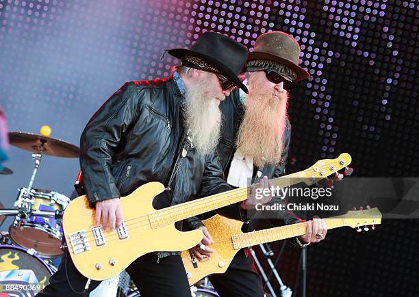 Dusty Hill and Billy Gibbons of ZZ Top performs at day three of the Download Festival at Donington Park on June 14, 2009 in Castle Donington, England.