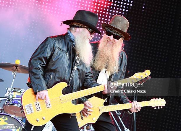 Dusty Hill and Billy Gibbons of ZZ Top performs at day three of the Download Festival at Donington Park on June 14, 2009 in Castle Donington, England.