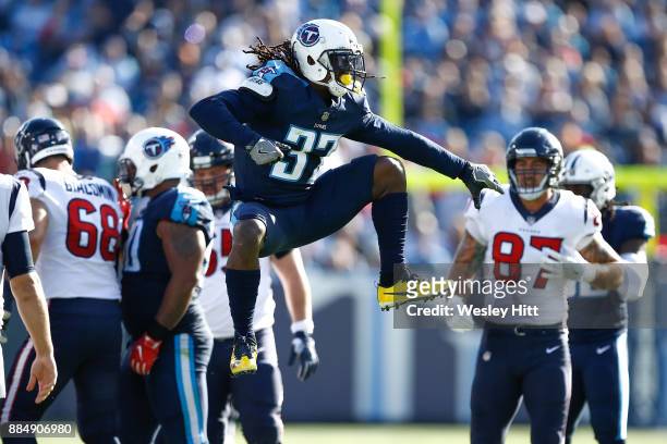 Johnathan Cyprien of the Tennessee Titans reacts against the Houston Texans during the first half at Nissan Stadium on December 3, 2017 in Nashville,...