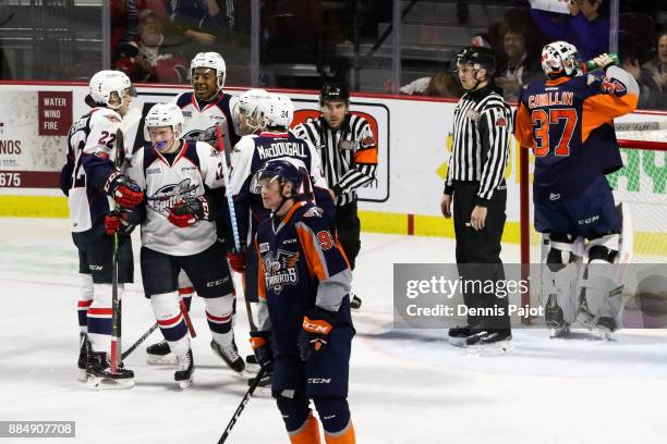 Forward WIlliam Sirman of the Windsor Spitfires celebrates his first period goal against the Flint Firebirds on December 3, 2017 at the WFCU Centre...