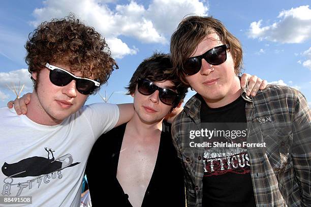 Enda Stratern, Owen Strathearn and Stephen Leacock of General Fiasco pose backstage at day three of the Download Festival at Donington Park on June...