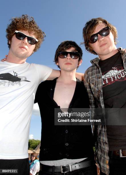 Enda Stratern, Owen Strathearn and Stephen Leacock of General Fiasco pose backstage at day three of the Download Festival at Donington Park on June...