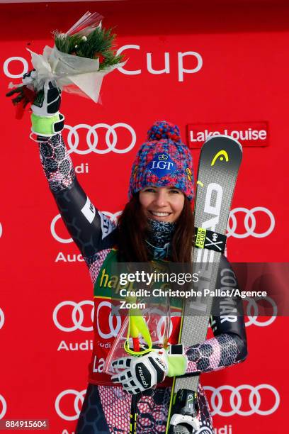 Tina Weirather of Liechtenstein takes 1st place during the Audi FIS Alpine Ski World Cup Women's Super G on December 3, 2017 in Lake Louise, Canada.