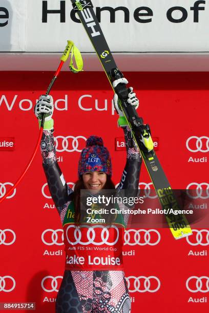 Tina Weirather of Liechtenstein takes 1st place during the Audi FIS Alpine Ski World Cup Women's Super G on December 3, 2017 in Lake Louise, Canada.