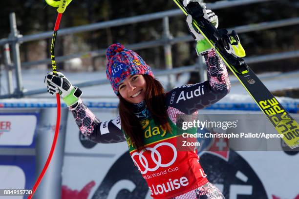 Tina Weirather of Liechtenstein takes 1st place during the Audi FIS Alpine Ski World Cup Women's Super G on December 3, 2017 in Lake Louise, Canada.