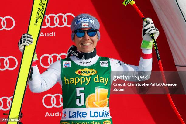 Nicole Schmidhofer of Austria takes 3rd place during the Audi FIS Alpine Ski World Cup Women's Super G on December 3, 2017 in Lake Louise, Canada.