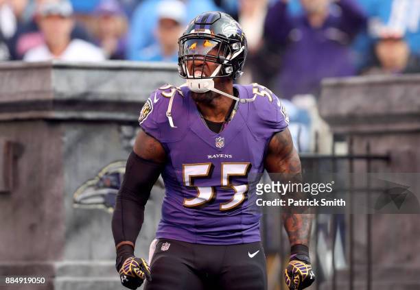 Outside Linebacker Terrell Suggs of the Baltimore Ravens takes the field for the game against the Detroit Lions at M&T Bank Stadium on December 3,...