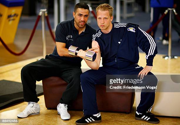 Bushido and Oliver Pocher pose for the media during the presentation of the competency team for Oliver Pochers casting show at the Mc Fit studio on...