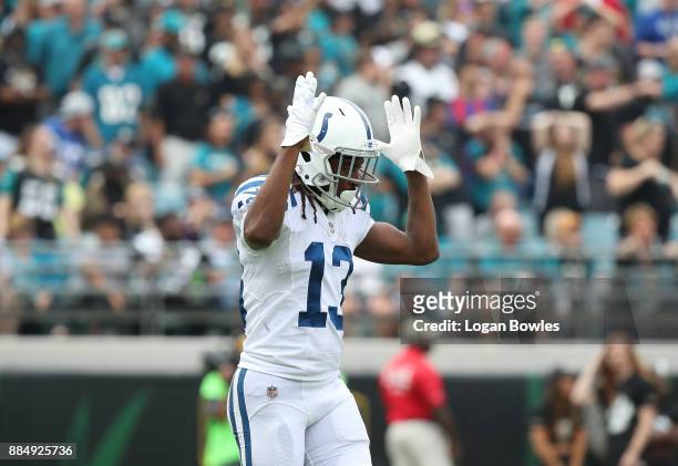 Hilton of the Indianapolis Colts celebrates after a 40-yard touchdown in the second half of their game against the Jacksonville Jaguars at EverBank...