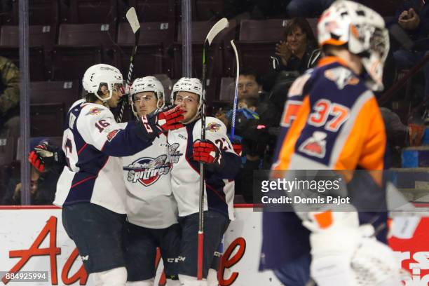 Forward Aaron Luchuk of the Windsor Spitfires celebrates his second period goal against the Flint Firebirds on December 3, 2017 at the WFCU Centre in...