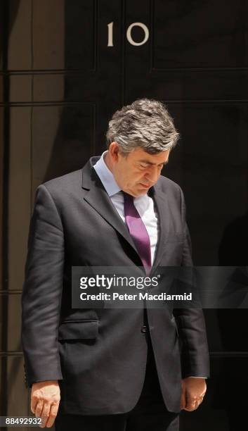 Prime Minister Gordon Brown waits on the doorstep of Number 10 Downing Street to meet with Czech Prime Minister Jan Fischer on June 15, 2009 in...