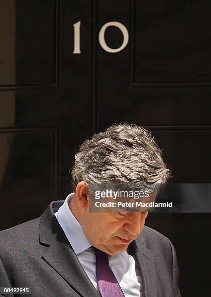 Prime Minister Gordon Brown waits on the doorstep of Number 10 Downing Street to meet with Czech Prime Minister Jan Fischer on June 15, 2009 in...