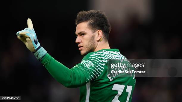 City goalkeeper Ederson Moraes reacts during the Premier League match between Manchester City and West Ham United at Etihad Stadium on December 3,...