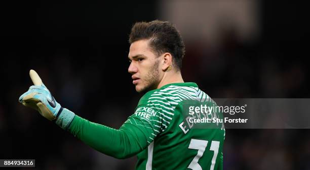 City goalkeeper Ederson Moraes reacts during the Premier League match between Manchester City and West Ham United at Etihad Stadium on December 3,...