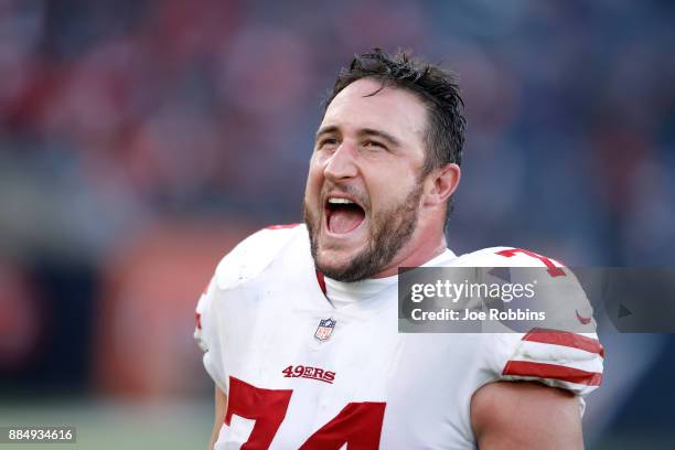 Joe Staley of the San Francisco 49ers reacts after the 49ers defeated the Chicago Bears 15-14 at Soldier Field on December 3, 2017 in Chicago,...