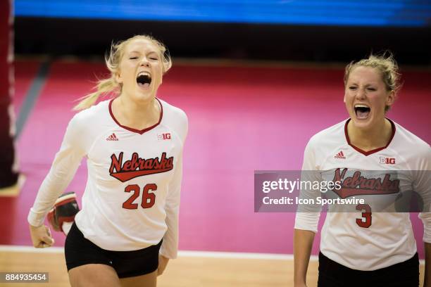 Nebraska middle blocker Lauren Stivrins and Washington State setter Nicole Rigoni celebrate a point against Washington State Saturday, December 2nd...